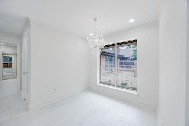 62 Legend Rd, Benbrook, TX 76132 - unfurnished dining area featuring a chandelier, crown molding, baseboards, and recessed lighting