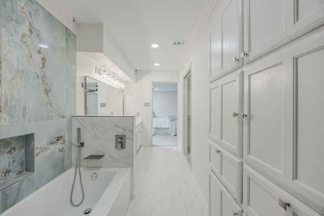 62 Legend Rd, Benbrook, TX 76132 - ensuite bathroom featuring marble look tiles, a bathtub, recessed lighting, and vanity