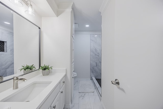 62 Legend Rd, Benbrook, TX 76132 - full bath with marble look tile flooring, toilet, recessed lighting, vanity, and a tile shower
