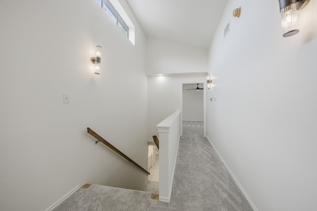 62 Legend Rd, Benbrook, TX 76132 - stairs featuring carpet floors, baseboards, and high vaulted ceiling