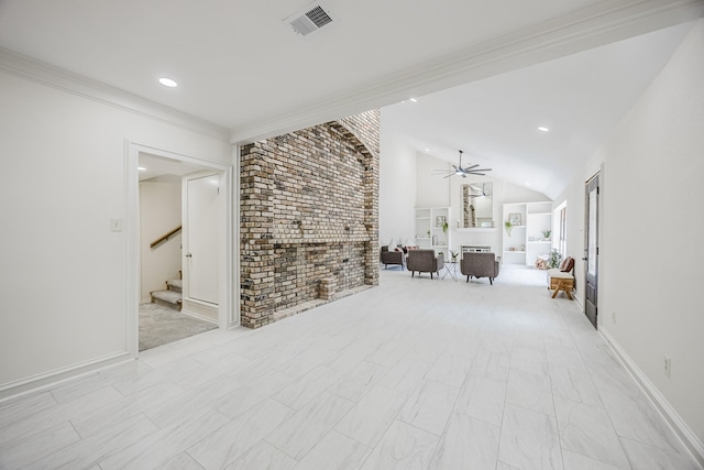 62 Legend Rd, Benbrook, TX 76132 - unfurnished living room with stairway, vaulted ceiling, a ceiling fan, baseboards, and recessed lighting