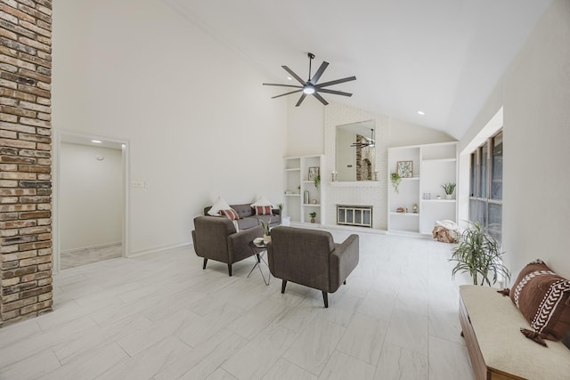 62 Legend Rd, Benbrook, TX 76132 - living area featuring ceiling fan, high vaulted ceiling, a brick fireplace, and built in shelves