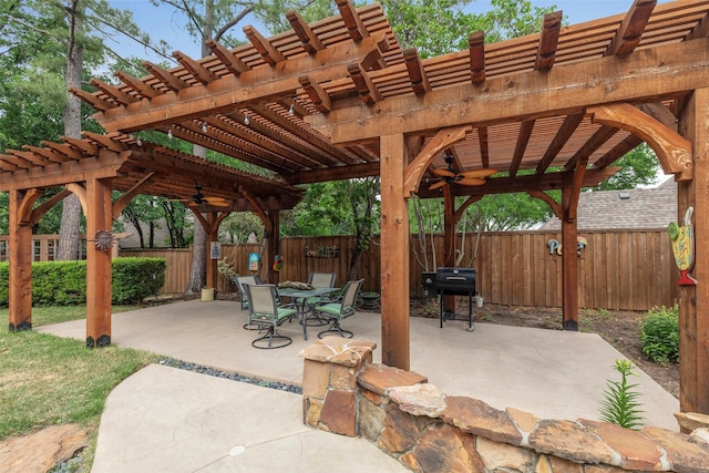 1413 Hunters Ridge Cir, Denton, TX 76205 - view of patio / terrace featuring a ceiling fan, a fenced backyard, and a pergola