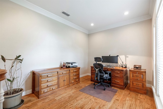 1413 Hunters Ridge Cir, Denton, TX 76205 - office featuring light wood-type flooring, baseboards, ornamental molding, and recessed lighting