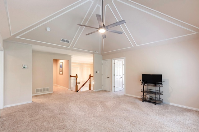 1413 Hunters Ridge Cir, Denton, TX 76205 - unfurnished living room with carpet flooring, ceiling fan, and vaulted ceiling