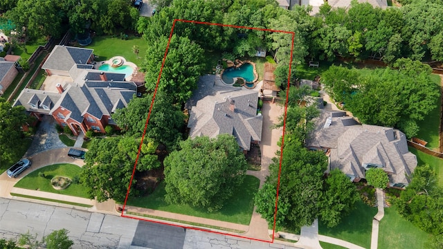 1413 Hunters Ridge Cir, Denton, TX 76205 - aerial view of property's location with a pool area and property parcel outlined