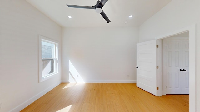 402 Perry Ave, Waxahachie, TX 75165 - empty room featuring a ceiling fan, light wood-type flooring, baseboards, and recessed lighting