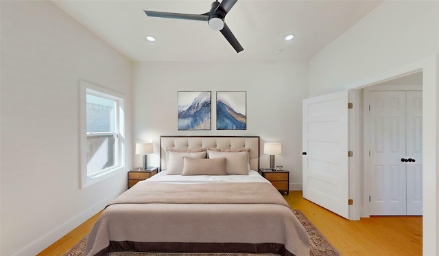 402 Perry Ave, Waxahachie, TX 75165 - bedroom with light wood-type flooring, recessed lighting, a ceiling fan, and baseboards