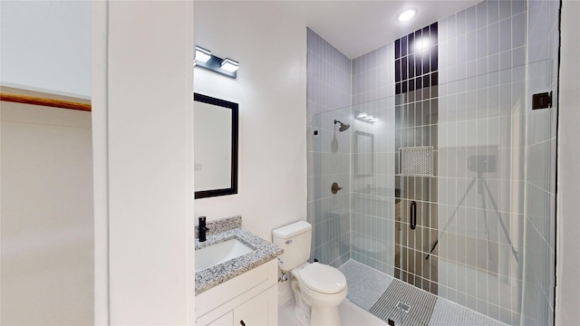402 Perry Ave, Waxahachie, TX 75165 - bathroom featuring walk in shower, vanity, toilet, and recessed lighting