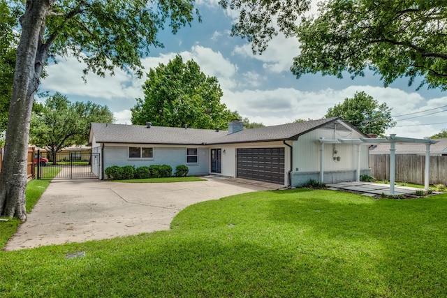 single story home featuring brick siding, an attached garage, driveway, a gate, and a chimney