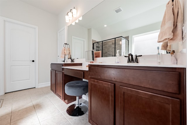 2507 Linwood Dr, Mansfield, TX 76084 - bathroom with a shower stall, tile patterned flooring, vanity, vaulted ceiling, and baseboards