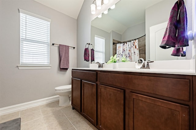 2507 Linwood Dr, Mansfield, TX 76084 - bathroom featuring baseboards, tile patterned flooring, toilet, double vanity, and a shower with curtain
