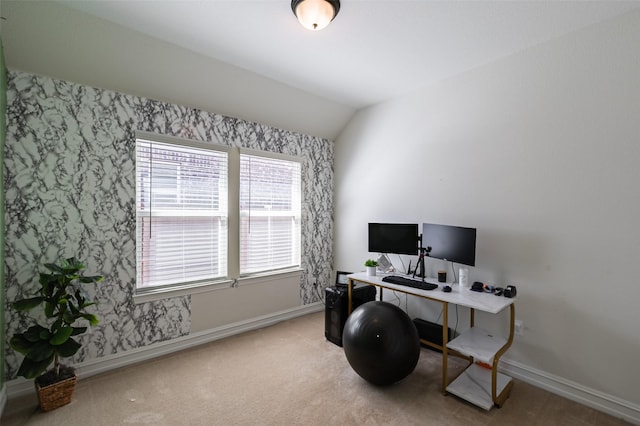 2507 Linwood Dr, Mansfield, TX 76084 - office space with baseboards, wallpapered walls, carpet floors, and lofted ceiling