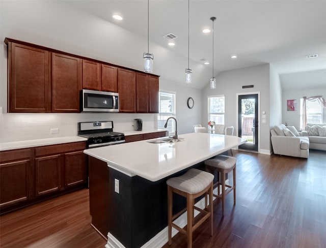 2507 Linwood Dr, Mansfield, TX 76084 - kitchen with appliances with stainless steel finishes, a sink, plenty of natural light, dark wood finished floors, and lofted ceiling