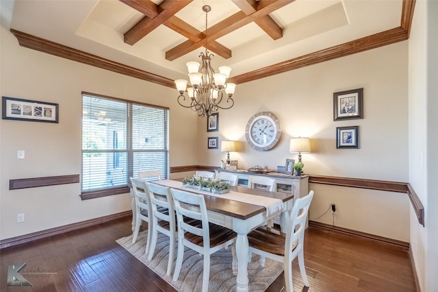dining space featuring coffered ceiling, hardwood / wood-style flooring, baseboards, a chandelier, and ornamental molding