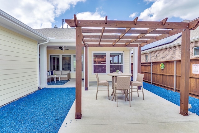 view of patio with a fenced backyard, a pergola, ceiling fan, and outdoor dining space