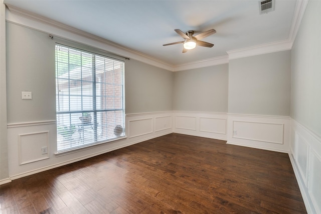 6308 Bittersweet Dr, Arlington, TX 76001 - empty room with ceiling fan, ornamental molding, dark wood-style flooring, wainscoting, and a decorative wall