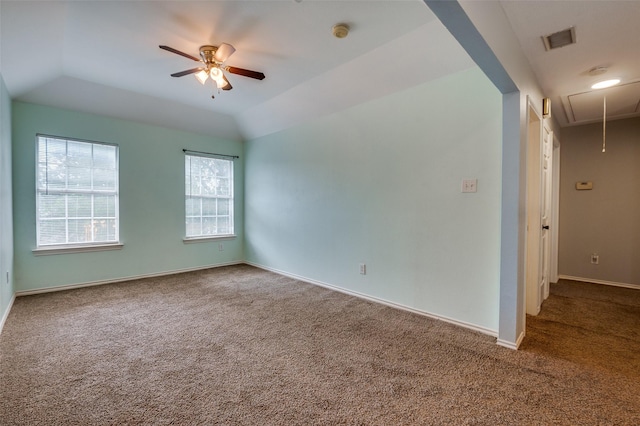 6308 Bittersweet Dr, Arlington, TX 76001 - unfurnished room featuring attic access, carpet floors, ceiling fan, a smoke detector, and vaulted ceiling