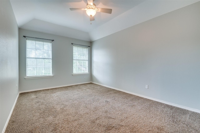 6308 Bittersweet Dr, Arlington, TX 76001 - empty room featuring a ceiling fan, carpet flooring, baseboards, and vaulted ceiling