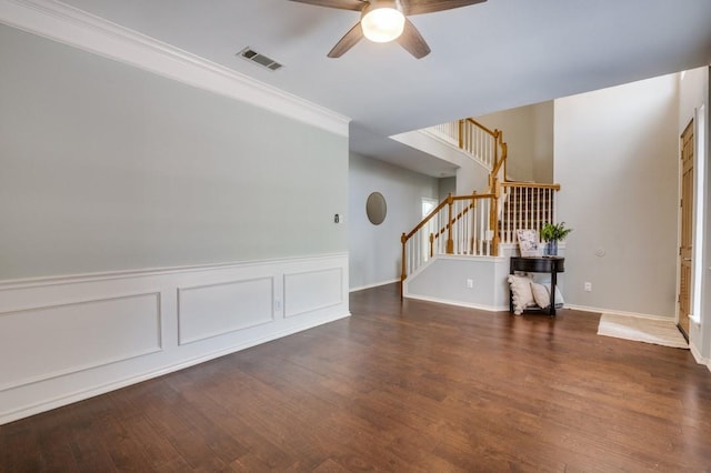 6308 Bittersweet Dr, Arlington, TX 76001 - unfurnished room featuring stairway, ceiling fan, wood finished floors, crown molding, and wainscoting