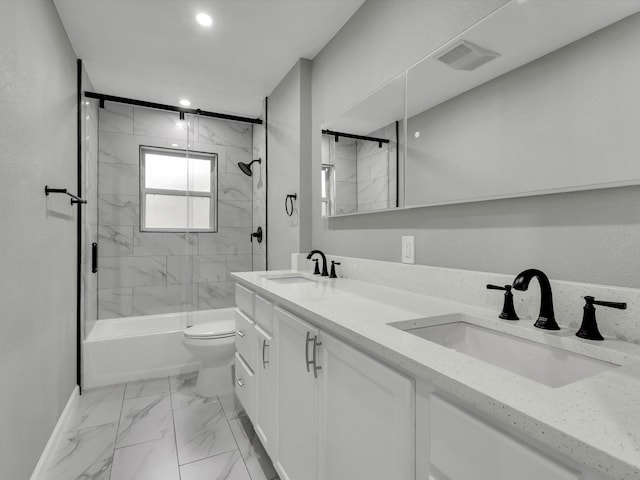 2834 Sunny Hill Ln, Farmers Branch, TX 75234 - bathroom with baseboards, marble finish floors, toilet, recessed lighting, and double vanity