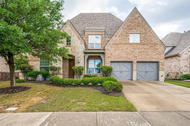 view of front of home with an attached garage, brick siding, concrete driveway, a front lawn, and roof with shingles