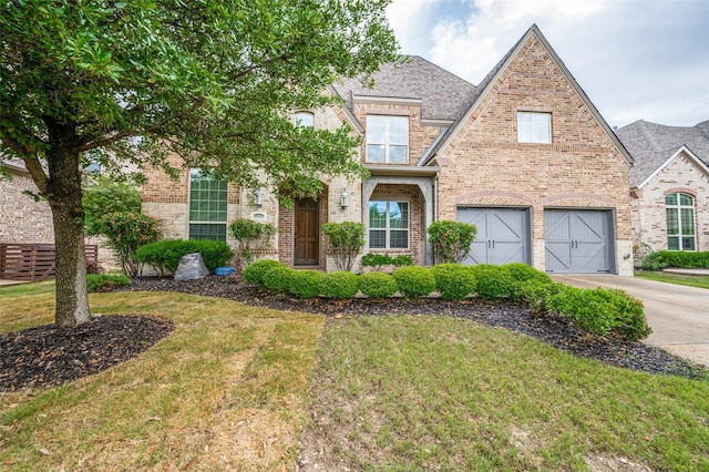 view of front of home with concrete driveway, brick siding, and a front yard