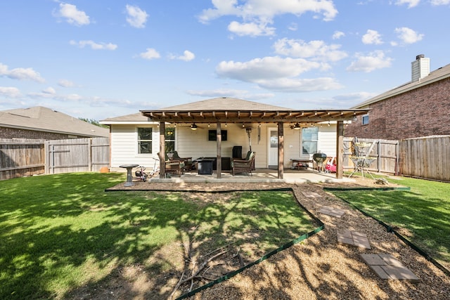 605 Preston Dr, Royse City, TX 75189 - back of property with a patio area, a ceiling fan, a gate, an outdoor hangout area, and a shingled roof
