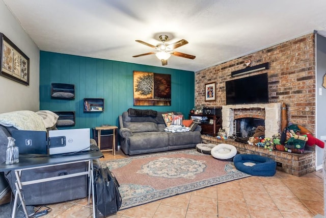 2818 Ashglen Dr, Garland, TX 75043 - tiled living room with ceiling fan and a brick fireplace