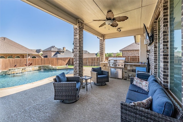 1212 Teton Dr, Burleson, TX 76028 - view of patio with area for grilling, a fenced backyard, a ceiling fan, and an outdoor living space