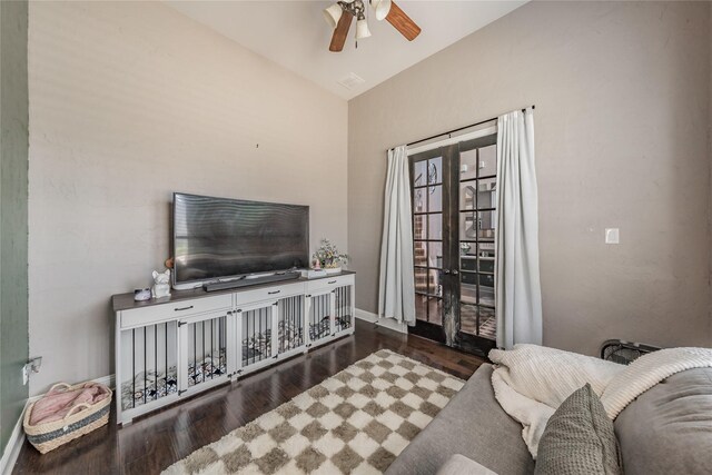 1212 Teton Dr, Burleson, TX 76028 - living area with wood finished floors, ceiling fan, baseboards, and high vaulted ceiling