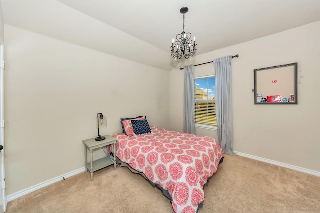 8625 Tribute Ln, Fort Worth, TX 76131 - bedroom with light carpet, a chandelier, baseboards, and lofted ceiling