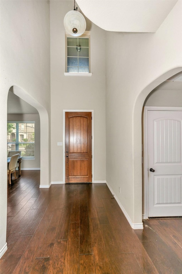 8625 Tribute Ln, Fort Worth, TX 76131 - foyer with arched walkways, hardwood / wood-style floors, a towering ceiling, and baseboards