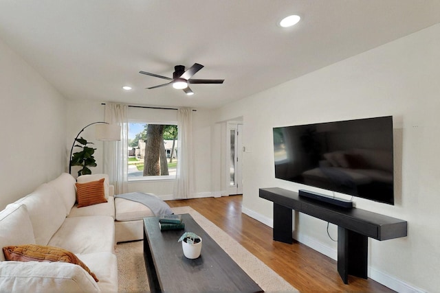 53 Devonshire Dr, Bedford, TX 76021 - living room featuring wood finished floors, a ceiling fan, baseboards, and recessed lighting