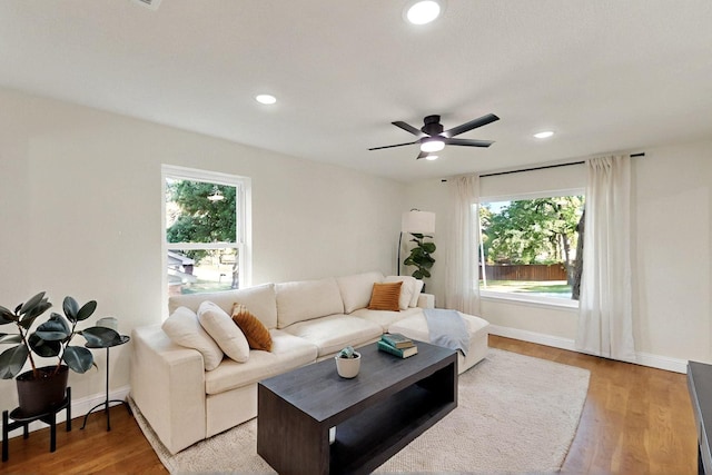 53 Devonshire Dr, Bedford, TX 76021 - living room with light wood-style flooring, a ceiling fan, baseboards, and recessed lighting