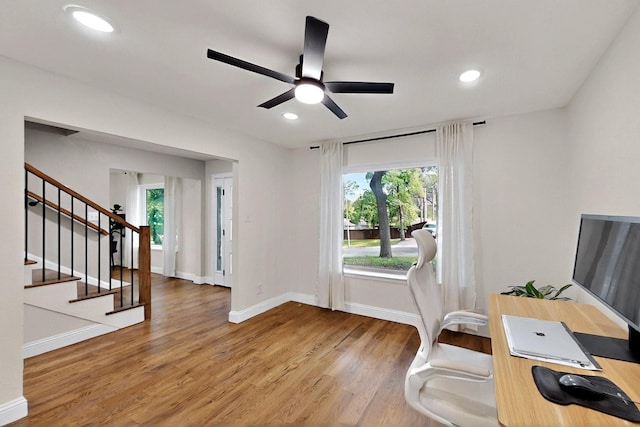 53 Devonshire Dr, Bedford, TX 76021 - home office with wood finished floors, healthy amount of natural light, ceiling fan, baseboards, and recessed lighting