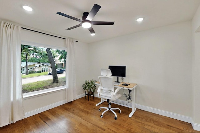 53 Devonshire Dr, Bedford, TX 76021 - office with baseboards, wood finished floors, a ceiling fan, and recessed lighting