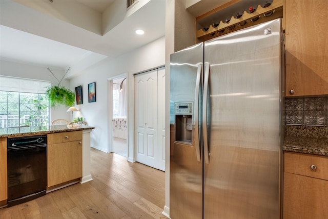 3225 Turtle Creek Blvd Unit 326, Dallas, TX 75219 - kitchen with stainless steel fridge, light wood-style floors, stone counters, recessed lighting, and backsplash