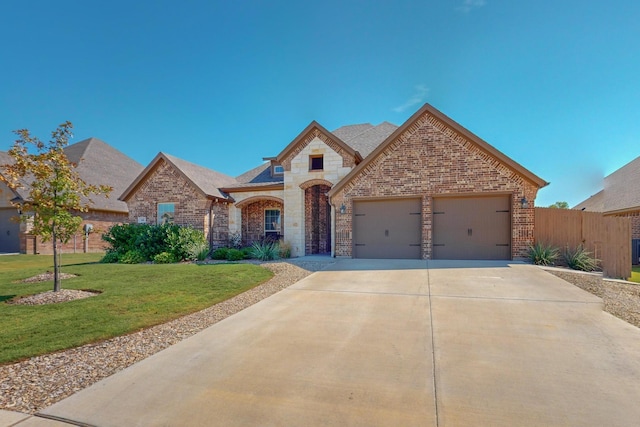 160 Melbourne Dr, Willow Park, TX 76087 - french country inspired facade with brick siding, an attached garage, concrete driveway, and stone siding