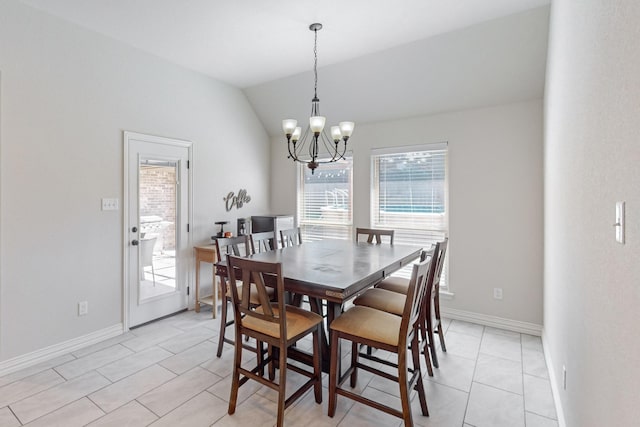 160 Melbourne Dr, Willow Park, TX 76087 - dining room with a chandelier, vaulted ceiling, baseboards, and light tile patterned floors