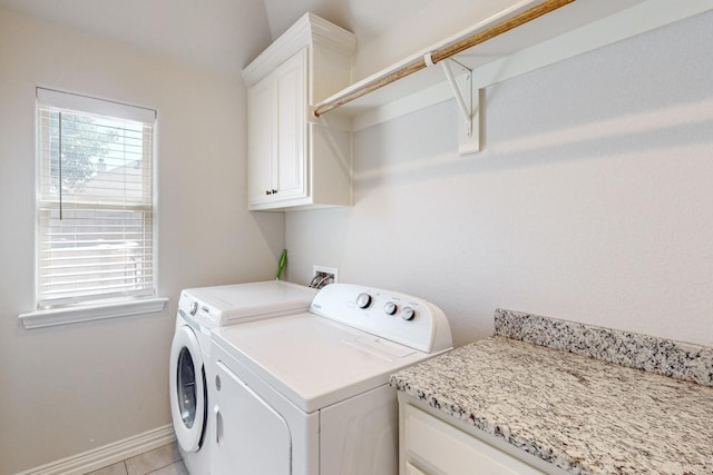 160 Melbourne Dr, Willow Park, TX 76087 - laundry room featuring cabinet space, washing machine and dryer, baseboards, and light tile patterned floors