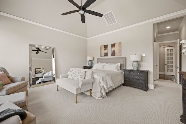 725 Sir Barton Trl, Keller, TX 76248 - bedroom with light carpet, a ceiling fan, high vaulted ceiling, baseboards, and crown molding