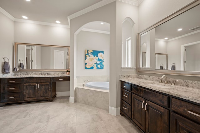 725 Sir Barton Trl, Keller, TX 76248 - bathroom featuring a bath, two vanities, crown molding, recessed lighting, and tile patterned floors
