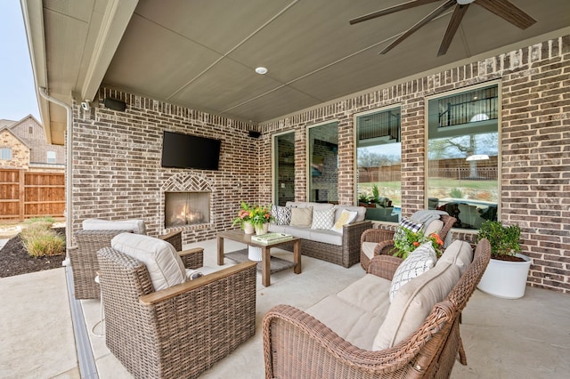 725 Sir Barton Trl, Keller, TX 76248 - view of patio with an outdoor living space with a fireplace, a ceiling fan, and fence