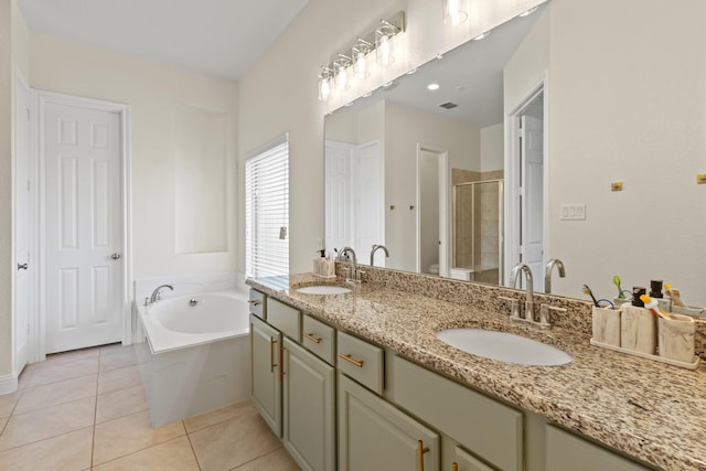 417 Burberry, Grand Prairie, TX 75052 - full bath featuring a shower stall, a bath, tile patterned floors, and double vanity