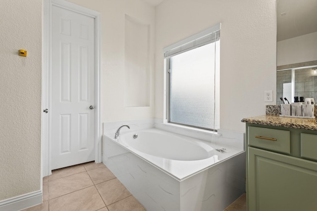 417 Burberry, Grand Prairie, TX 75052 - full bath with vanity, a bath, tile patterned flooring, an enclosed shower, and a textured wall