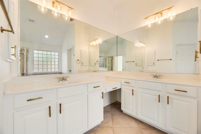1527 Pleasant Run, Allen, TX 75002 - bathroom with tile patterned flooring, a stall shower, vanity, and recessed lighting