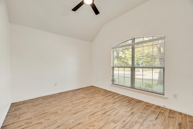 1527 Pleasant Run, Allen, TX 75002 - unfurnished room featuring light wood-type flooring, ceiling fan, vaulted ceiling, and baseboards