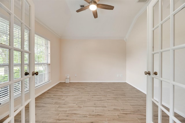 1527 Pleasant Run, Allen, TX 75002 - empty room with vaulted ceiling, crown molding, a ceiling fan, french doors, and light wood finished floors