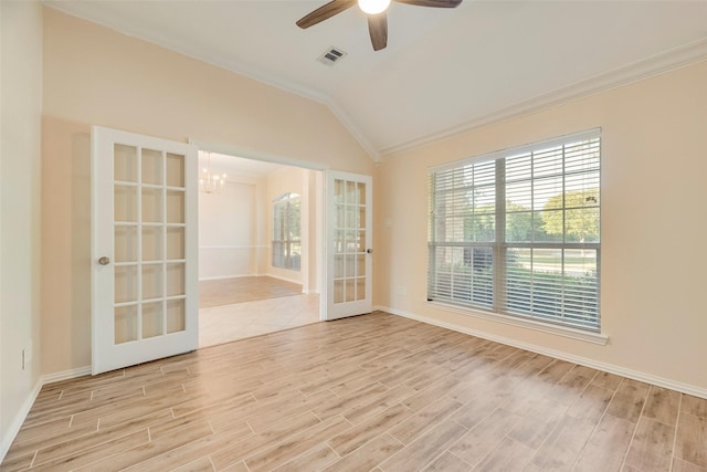1527 Pleasant Run, Allen, TX 75002 - unfurnished room with vaulted ceiling, light wood-style floors, a chandelier, french doors, and ceiling fan